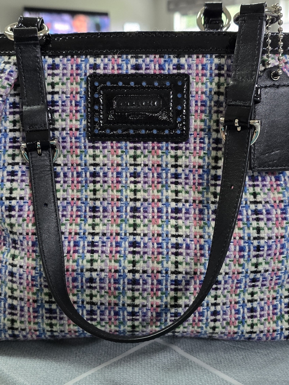 Coach Multicolor Tweed Tote with Black Leather Straps